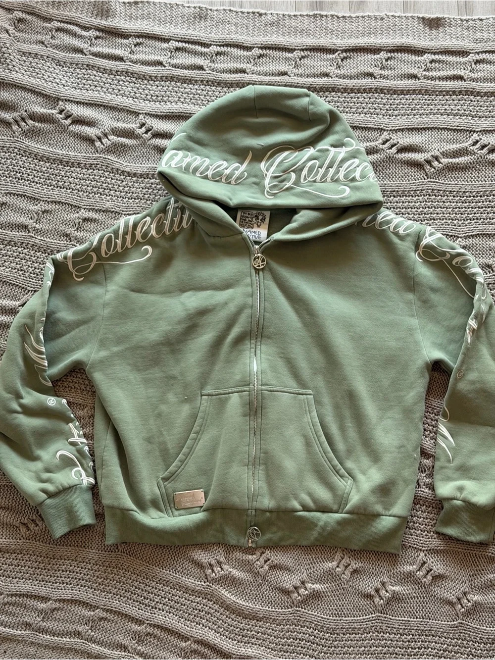 Rare Named Collective Script-Embroidered Olive Zip-Up Hooded Sweater